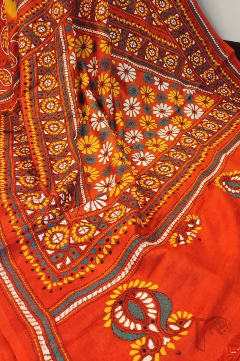 Kantha Keepsakes - Mango Yellow and Tomato Red Mango Motif Embroidered Tussar Silk Saree - Image 8
