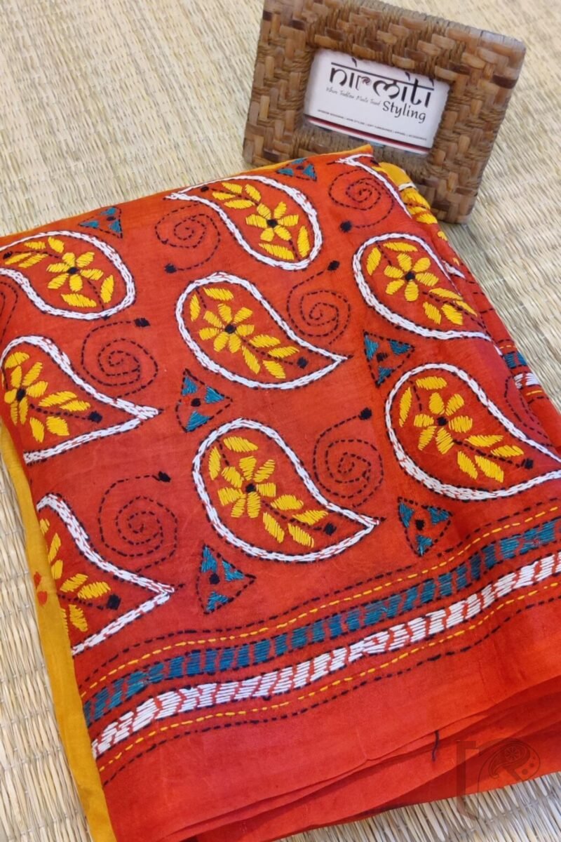 Kantha Keepsakes - Mango Yellow and Tomato Red Mango Motif Embroidered Tussar Silk Saree
