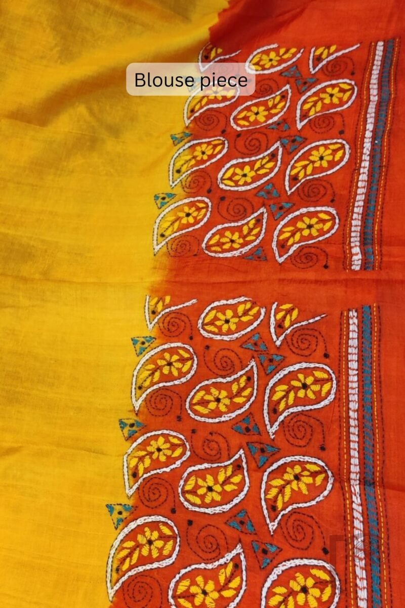 Kantha Keepsakes - Mango Yellow and Tomato Red Mango Motif Embroidered Tussar Silk Saree - Image 9