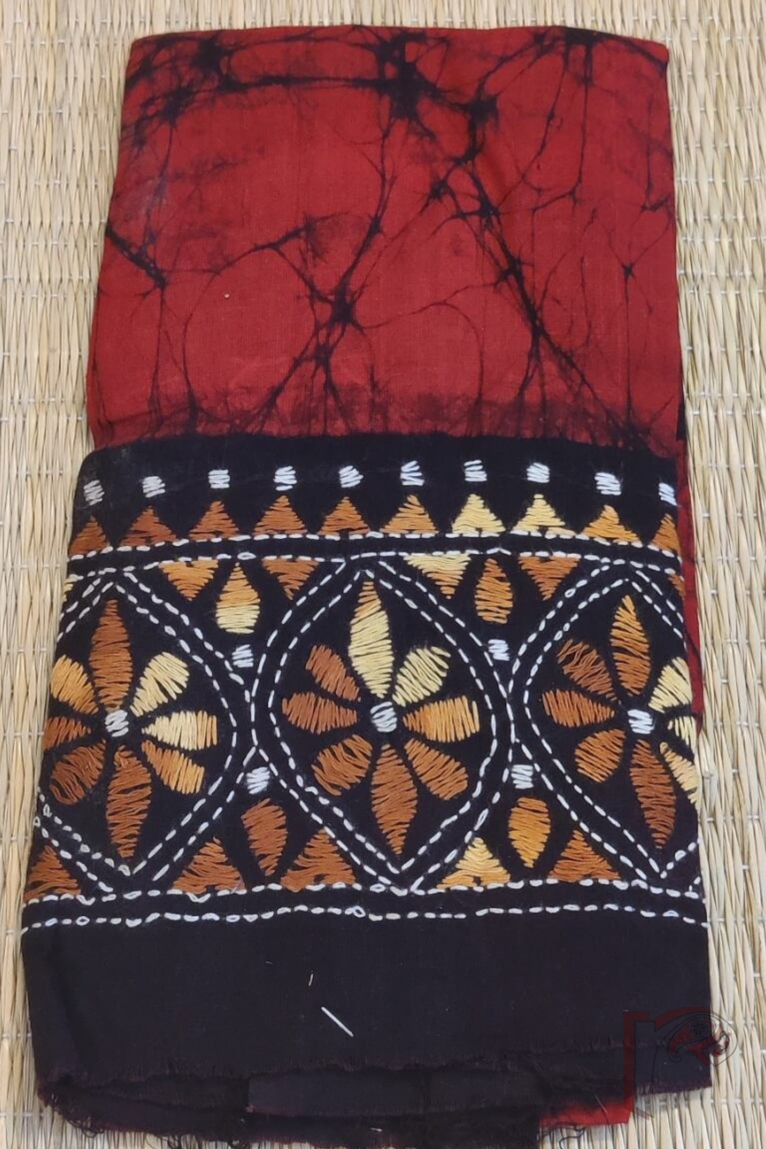 Red Cotton Batik Blouse Piece with Mustard and Brown Kantha Embroidered Borders - Image 2