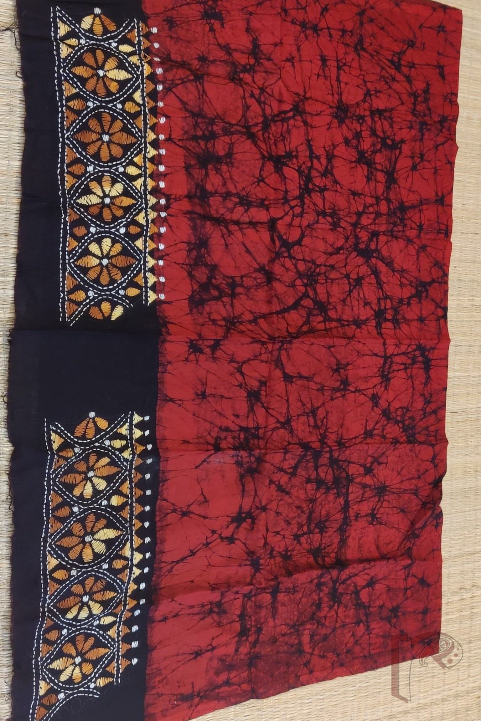 Red Cotton Batik Blouse Piece with Mustard and Brown Kantha Embroidered Borders - Image 3