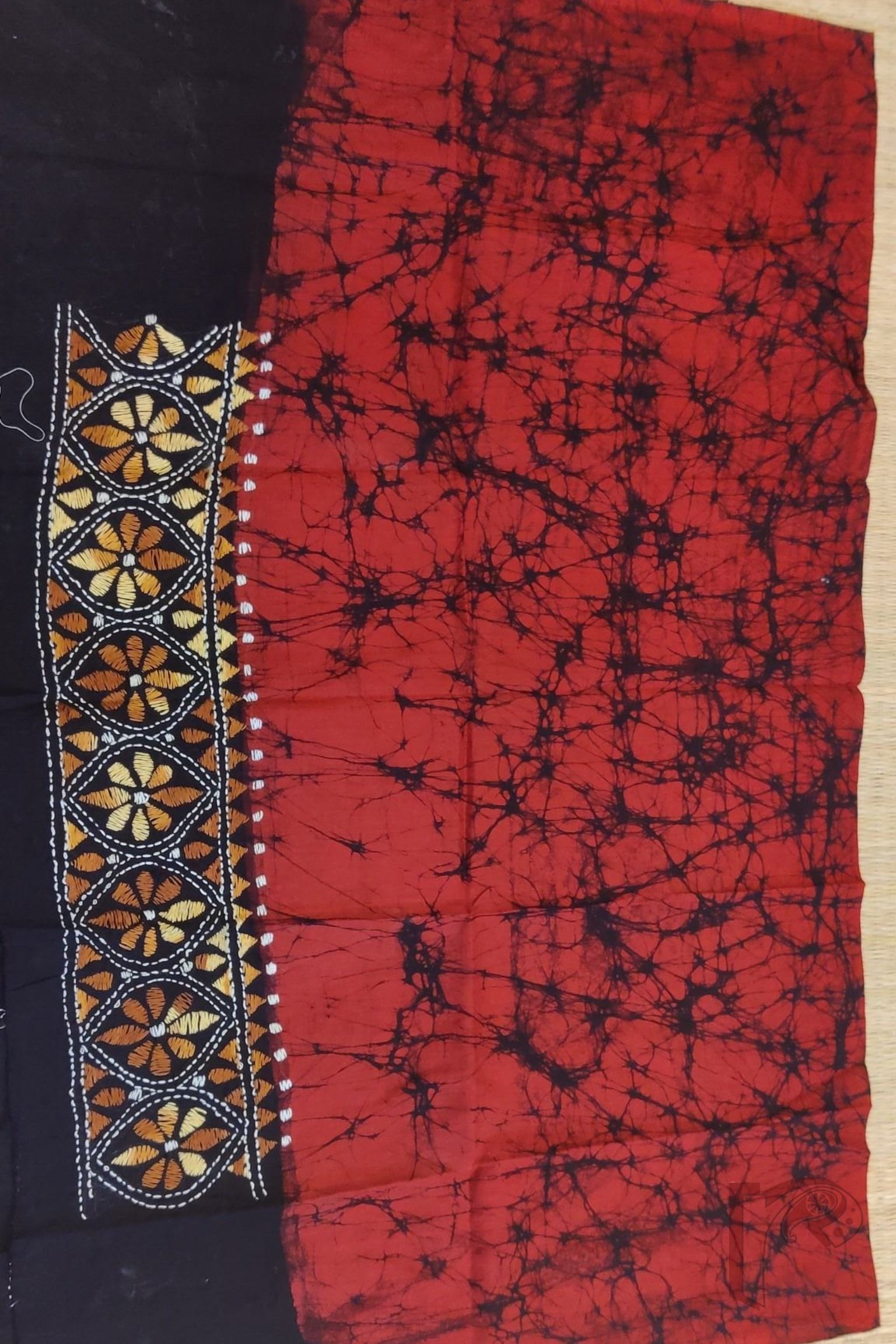 Red Cotton Batik Blouse Piece with Mustard and Brown Kantha Embroidered Borders - Image 4