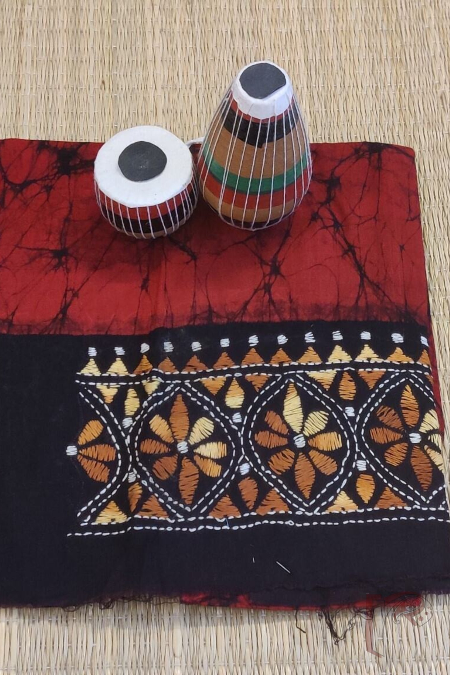 Red Cotton Batik Blouse Piece with Mustard and Brown Kantha Embroidered Borders