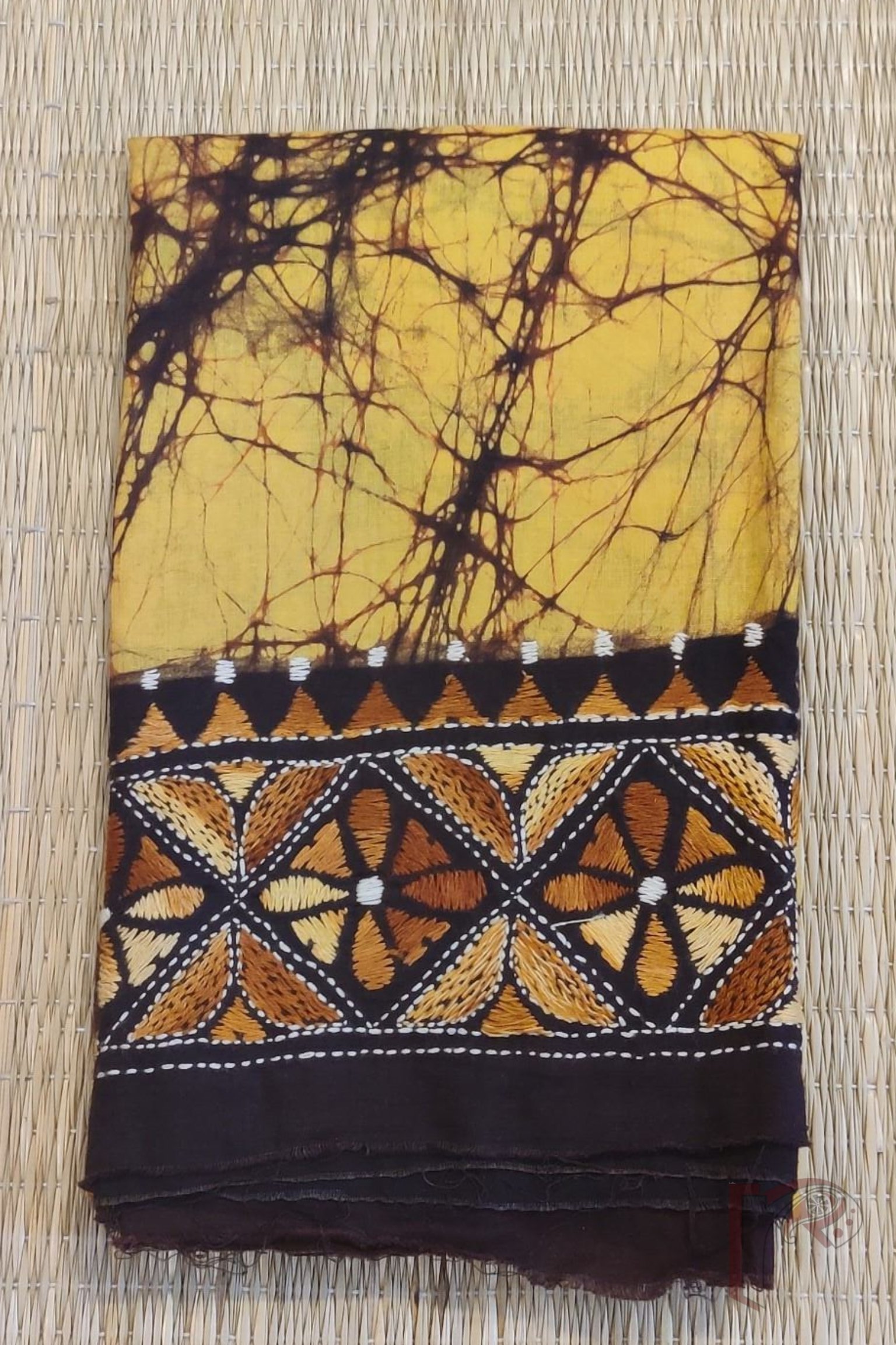 Mustard Yellow Cotton Batik Blouse Piece with Multicolor Kantha Embroidery - Image 2