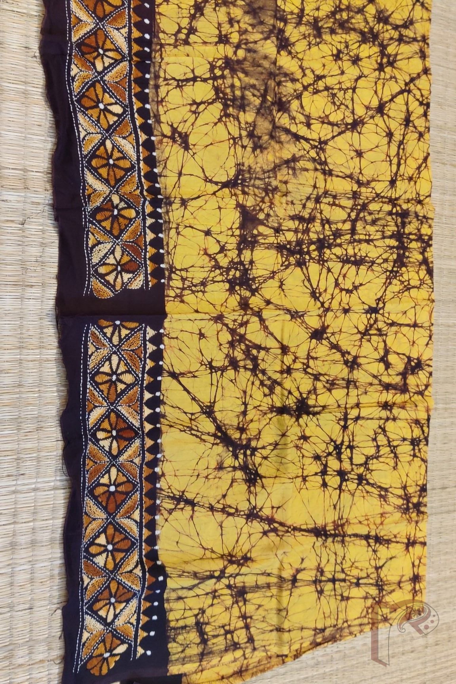 Mustard Yellow Cotton Batik Blouse Piece with Multicolor Kantha Embroidery - Image 3