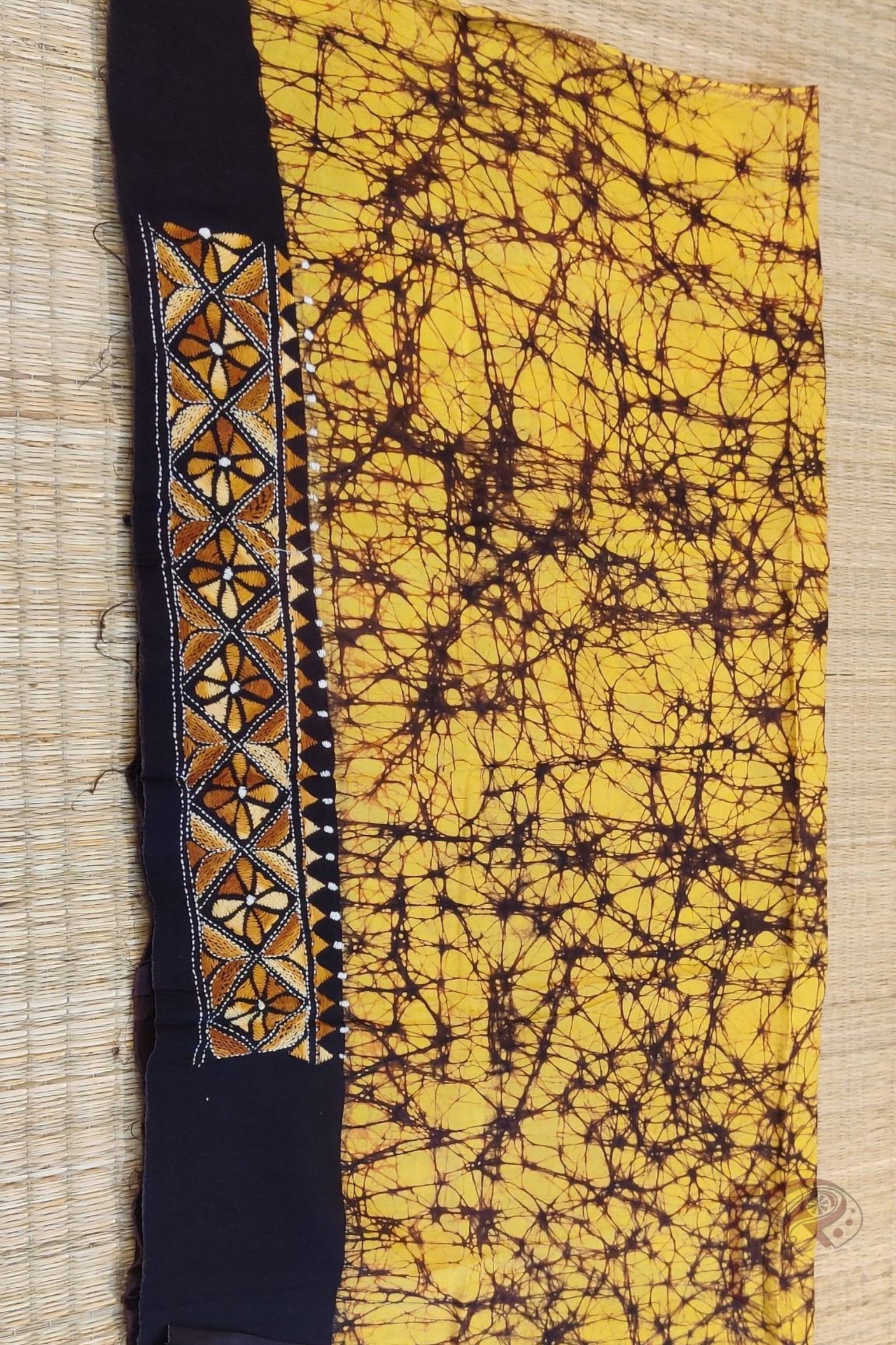 Mustard Yellow Cotton Batik Blouse Piece with Multicolor Kantha Embroidery - Image 4