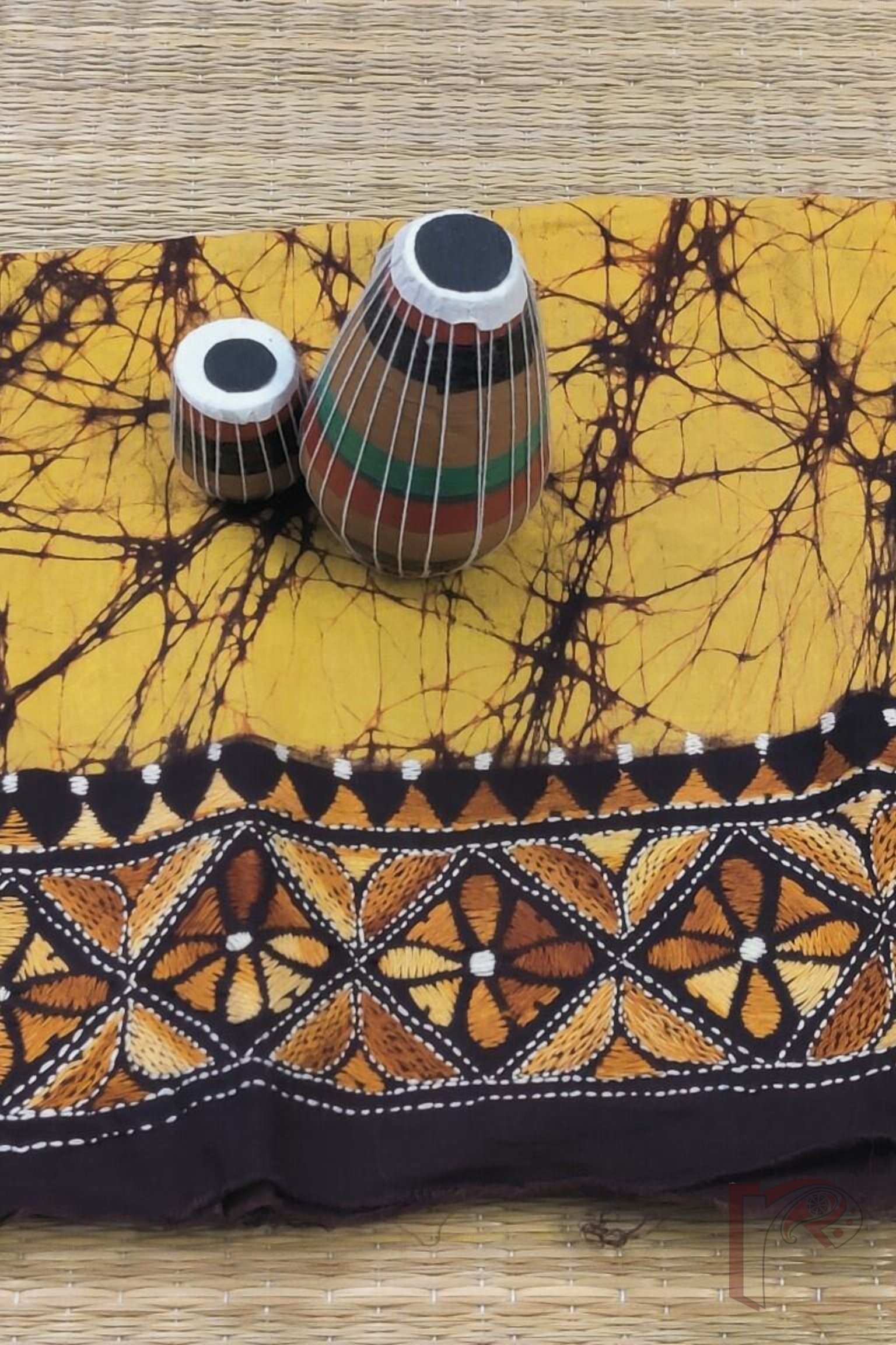 Mustard Yellow Cotton Batik Blouse Piece with Multicolor Kantha Embroidery