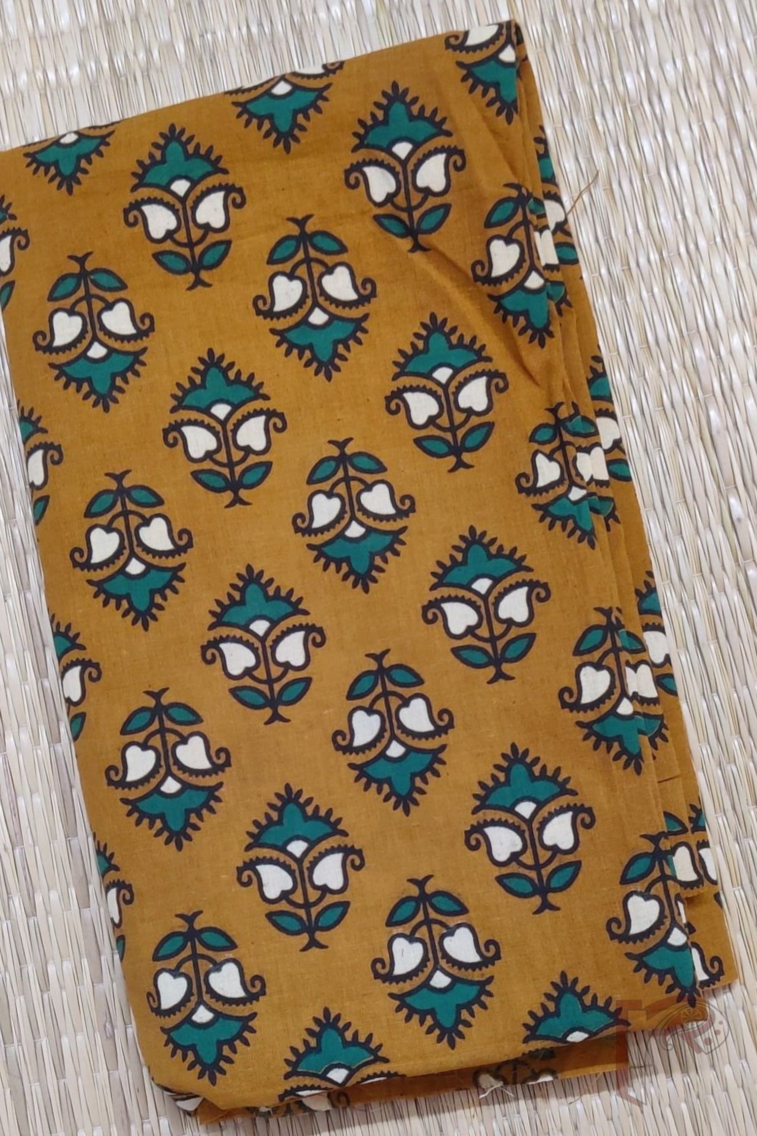 Mustard Yellow Cotton Ajrakh with Green & Off-White Detailing Unstitched Blouse Piece - Image 2