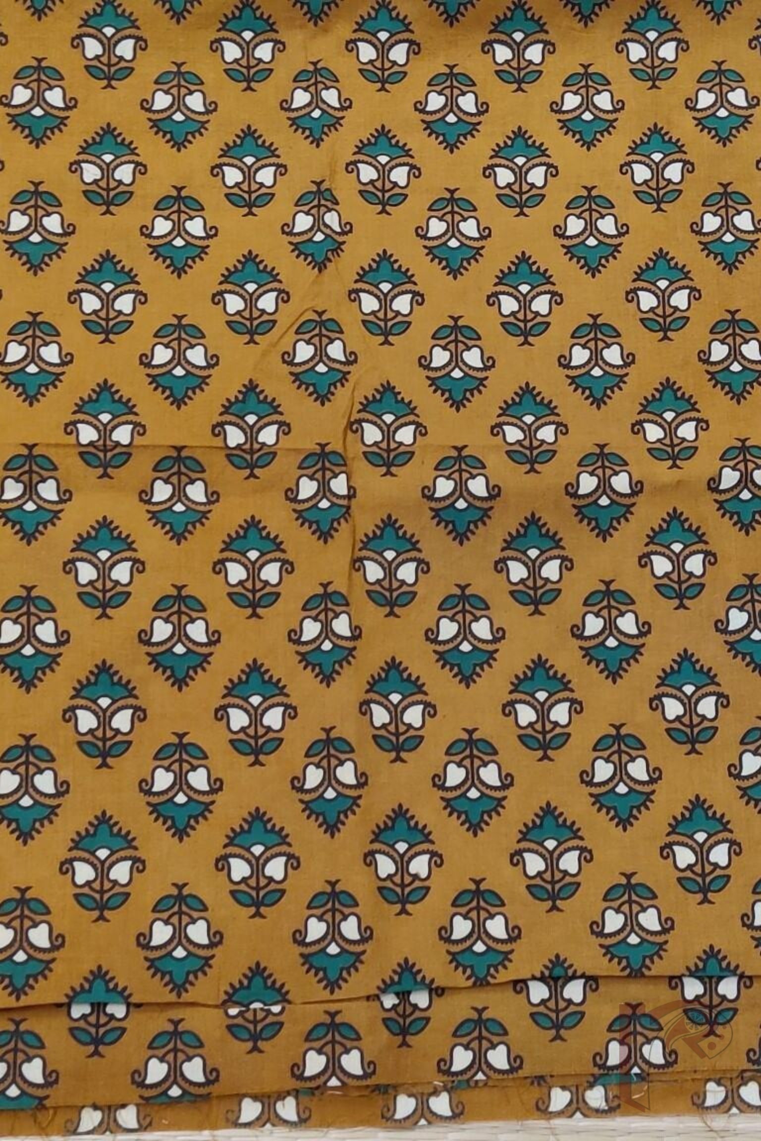 Mustard Yellow Cotton Ajrakh with Green & Off-White Detailing Unstitched Blouse Piece - Image 3