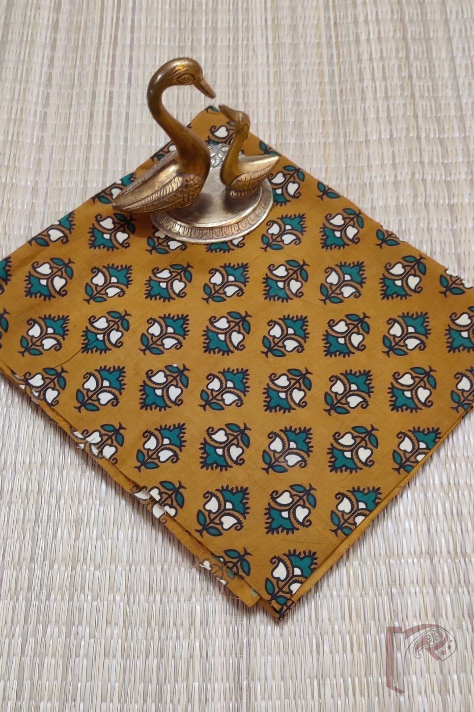 Mustard Yellow Cotton Ajrakh with Green & Off-White Detailing Unstitched Blouse Piece