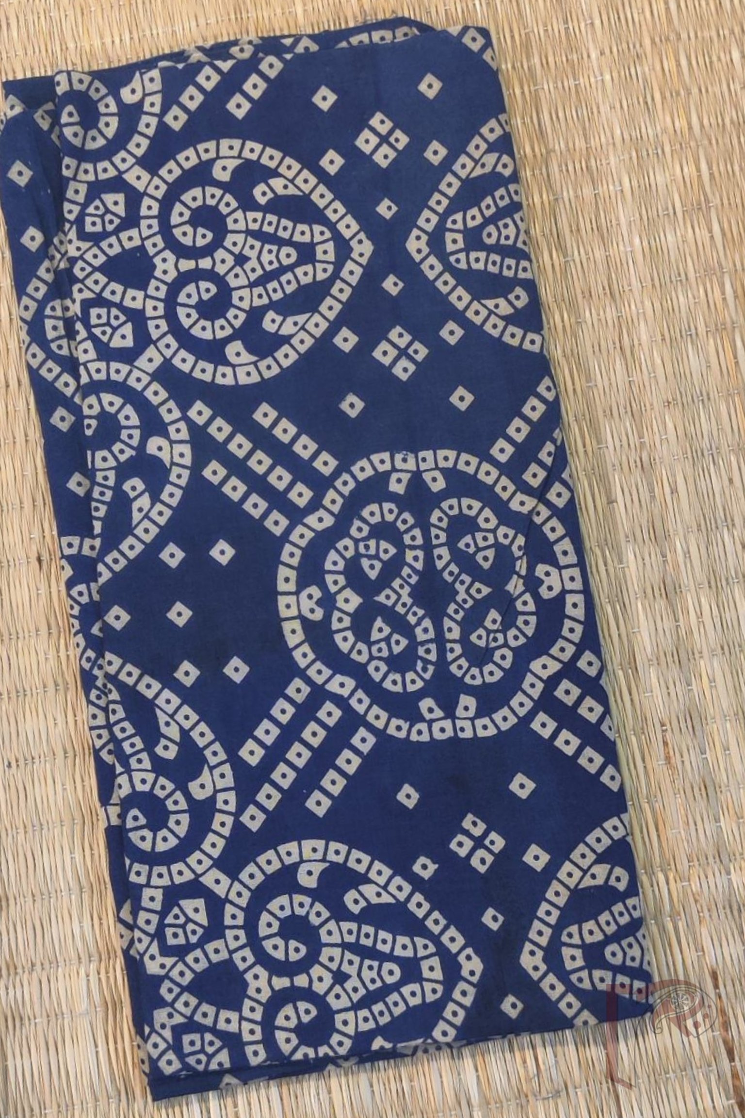 Blue Cotton with Cream Bandhani Style Ajrakh Print Unstitched Blouse Piece - Image 2