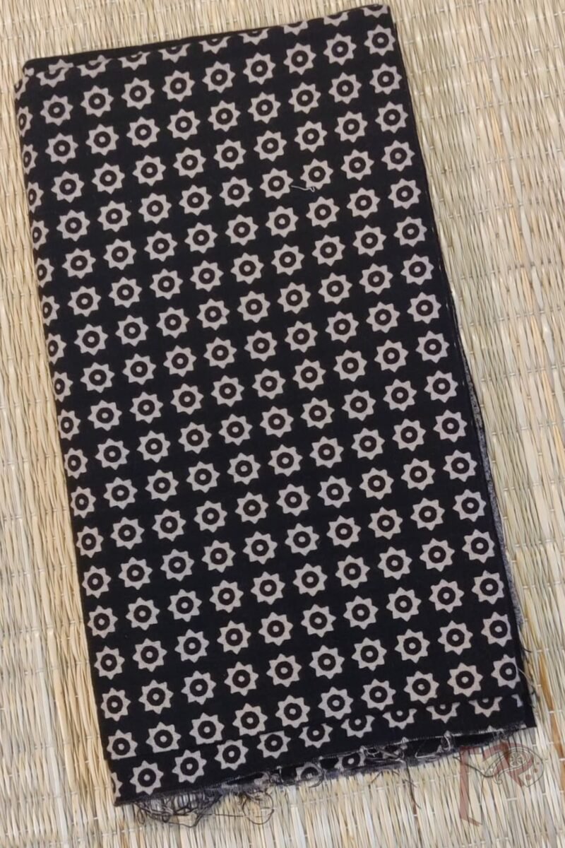 Black Cotton Ajrakh with Dense Cream Star Motifs Unstitched Blouse Piece - Image 2