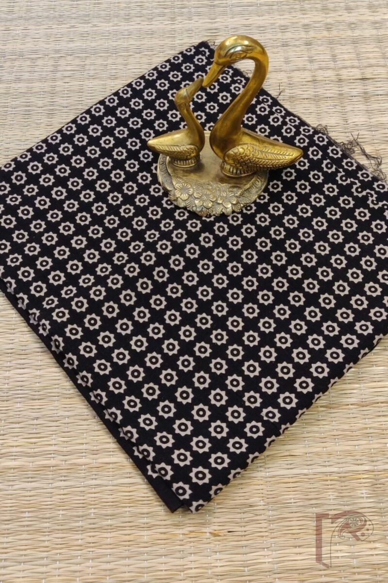 Black Cotton Ajrakh with Dense Cream Star Motifs Unstitched Blouse Piece