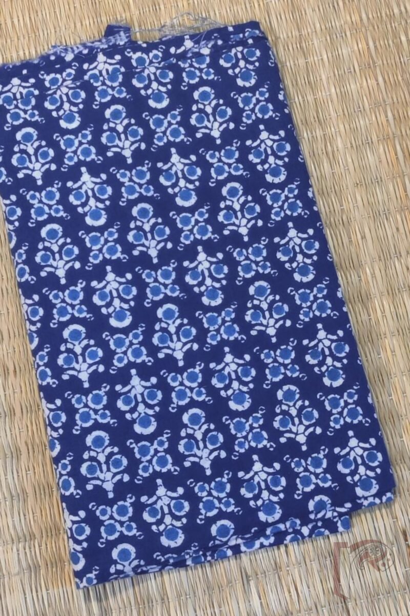 Blue Cotton with White & Cobalt Circular Floral Bunch Print Unstitched Blouse Piece - Image 2
