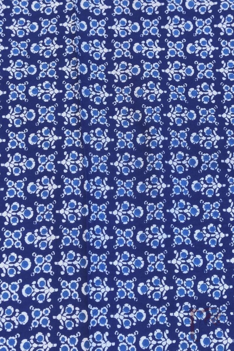 Blue Cotton with White & Cobalt Circular Floral Bunch Print Unstitched Blouse Piece - Image 3