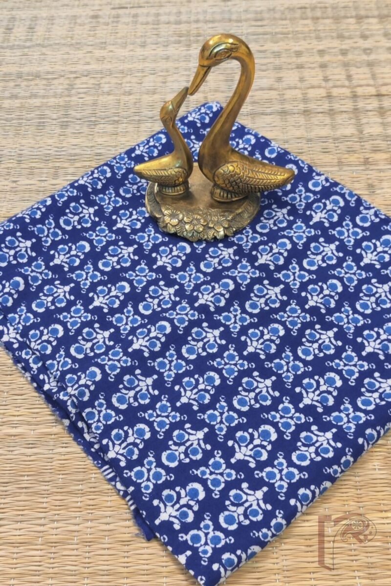 Blue Cotton with White & Cobalt Circular Floral Bunch Print Unstitched Blouse Piece