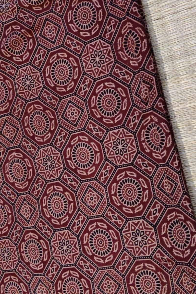 Maroon Cotton Ajrakh with Fawn & Black Traditional Motifs Unstitched Blouse Piece - Image 2