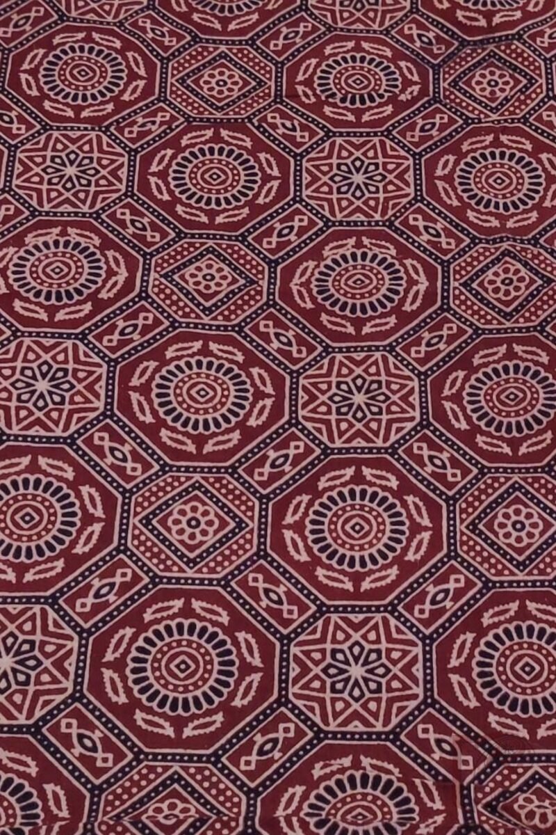Maroon Cotton Ajrakh with Fawn & Black Traditional Motifs Unstitched Blouse Piece - Image 3