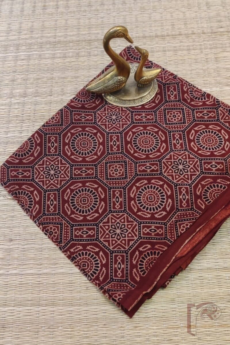 Maroon Cotton Ajrakh with Fawn & Black Traditional Motifs Unstitched Blouse Piece