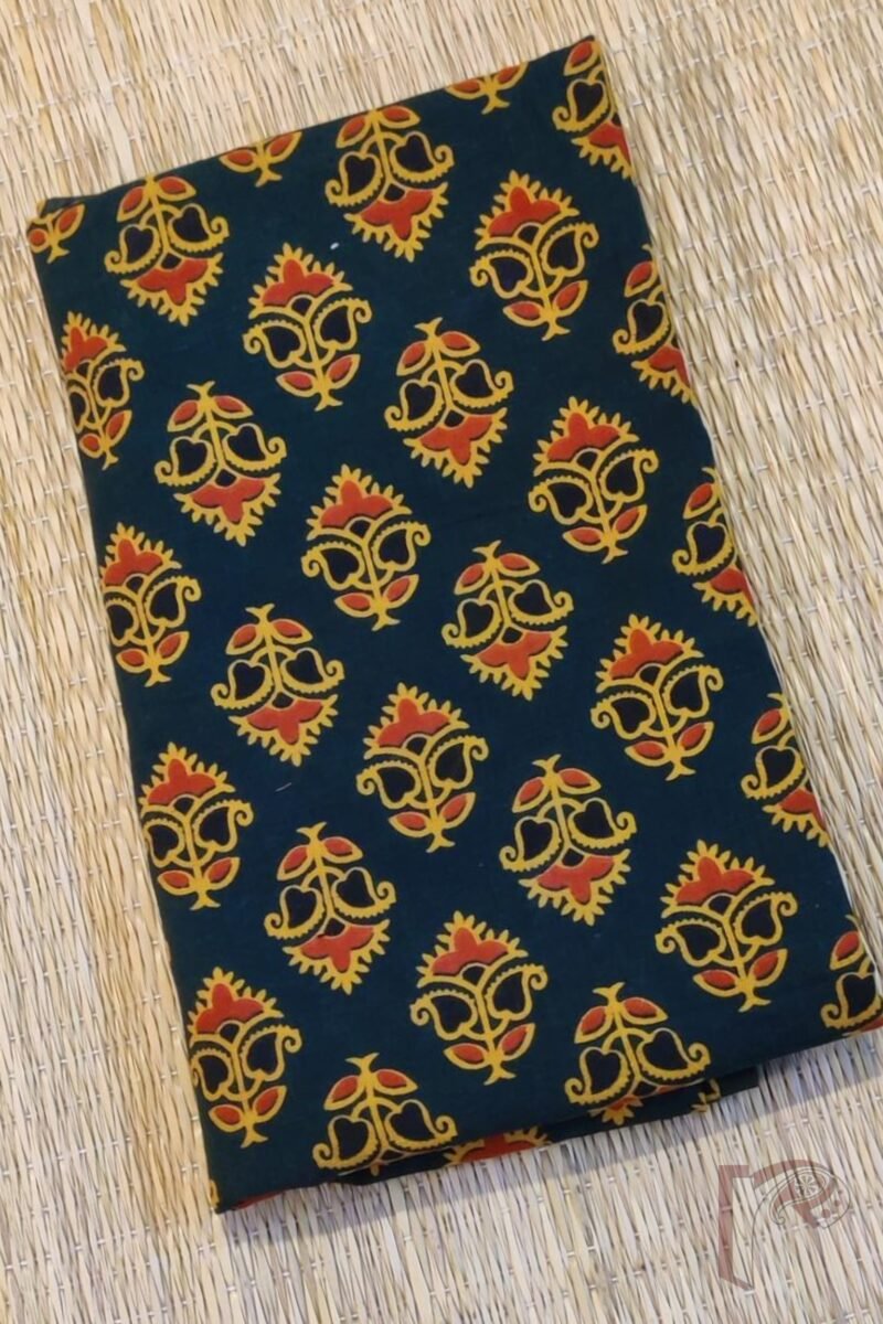 Green Cotton with Yellow & Orange Ajrakh Print Unstitched Blouse Piece - Image 2