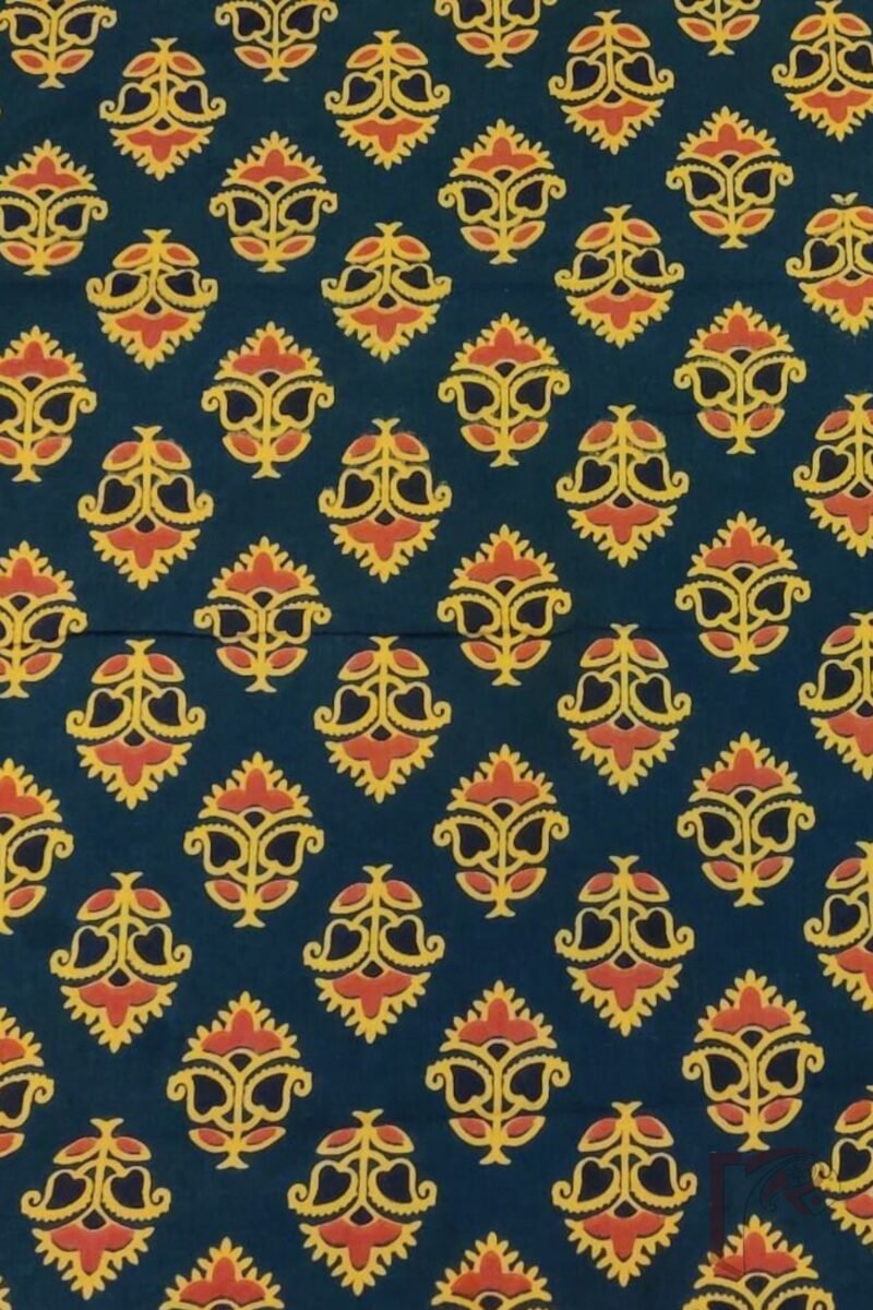 Green Cotton with Yellow & Orange Ajrakh Print Unstitched Blouse Piece - Image 3