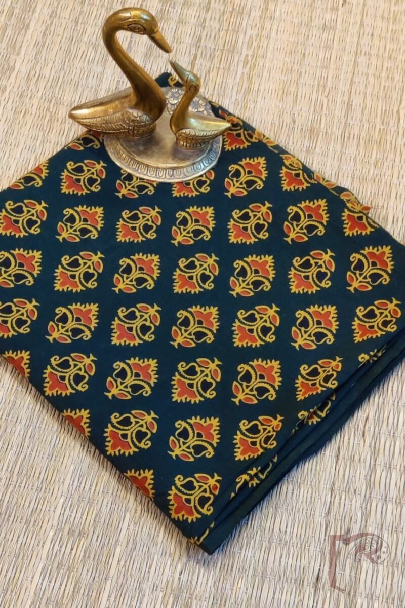 Green Cotton with Yellow & Orange Ajrakh Print Unstitched Blouse Piece