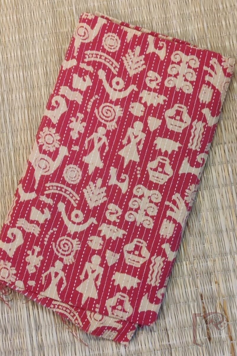 Candy Pink Cotton Ajrakh with Madhubani Figure & Animal Motifs Unstitched Blouse Piece - Image 2