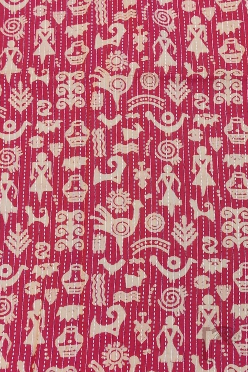Candy Pink Cotton Ajrakh with Madhubani Figure & Animal Motifs Unstitched Blouse Piece - Image 3