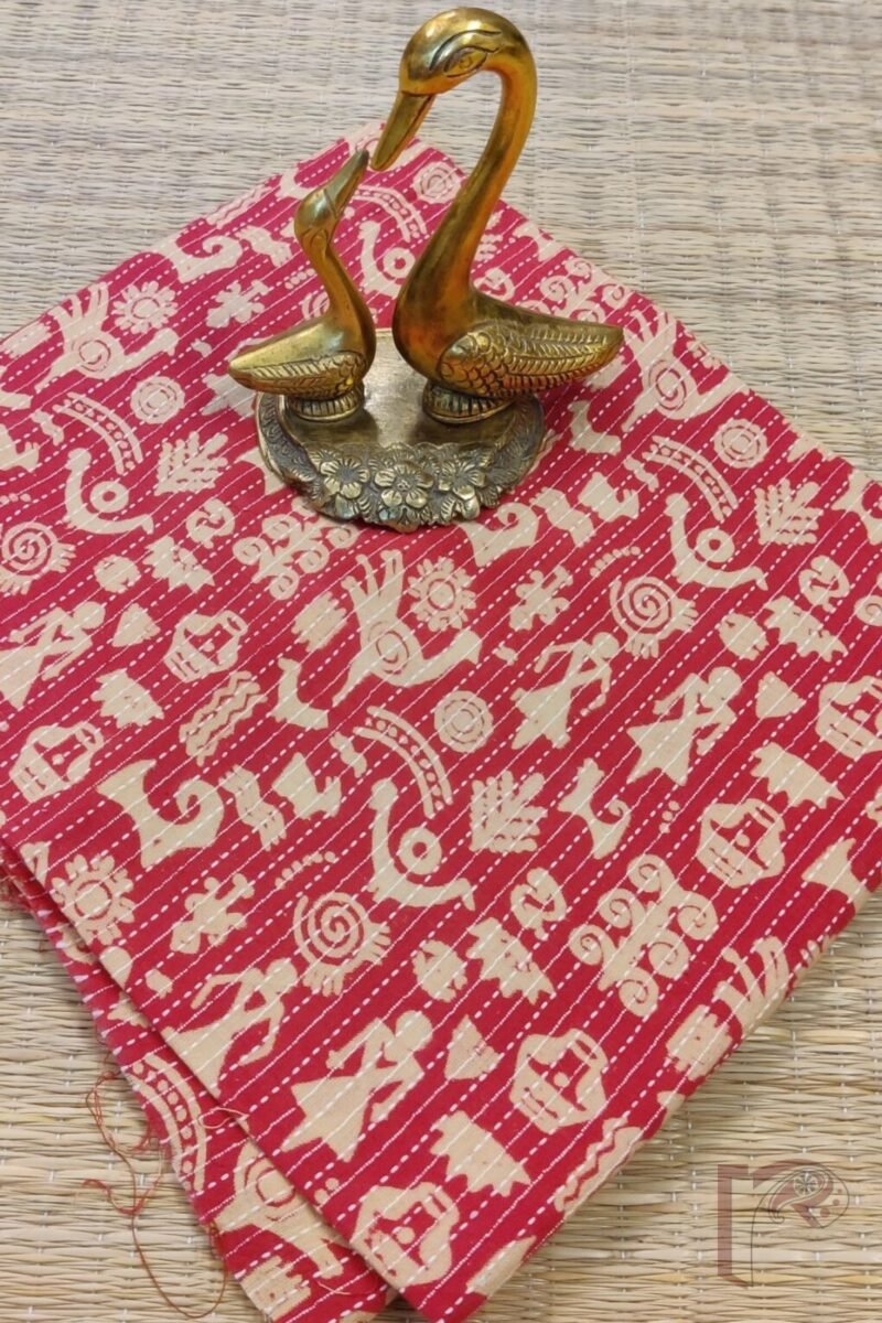 Candy Pink Cotton Ajrakh with Madhubani Figure & Animal Motifs Unstitched Blouse Piece