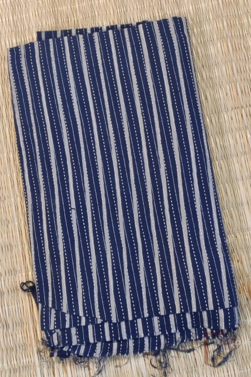 Navy Blue Cotton with Cream Stripes and Running Stitch Unstitched Blouse Piece - Image 2