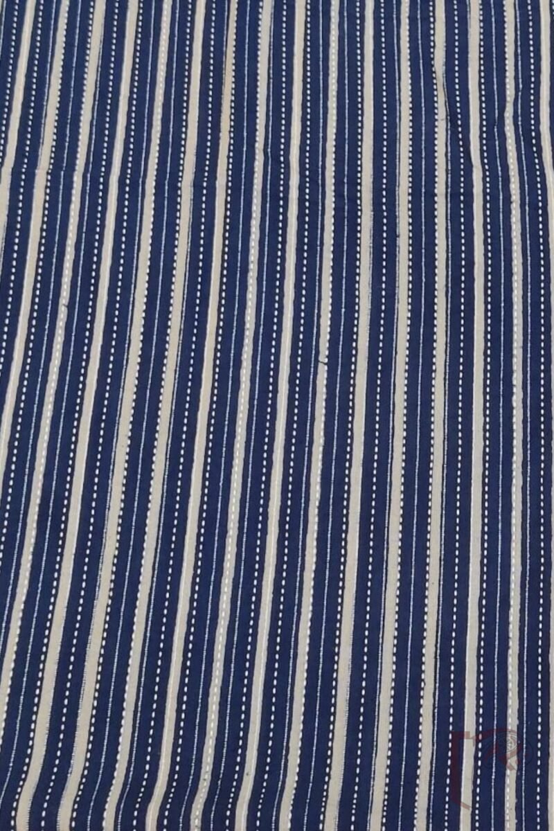 Navy Blue Cotton with Cream Stripes and Running Stitch Unstitched Blouse Piece - Image 3