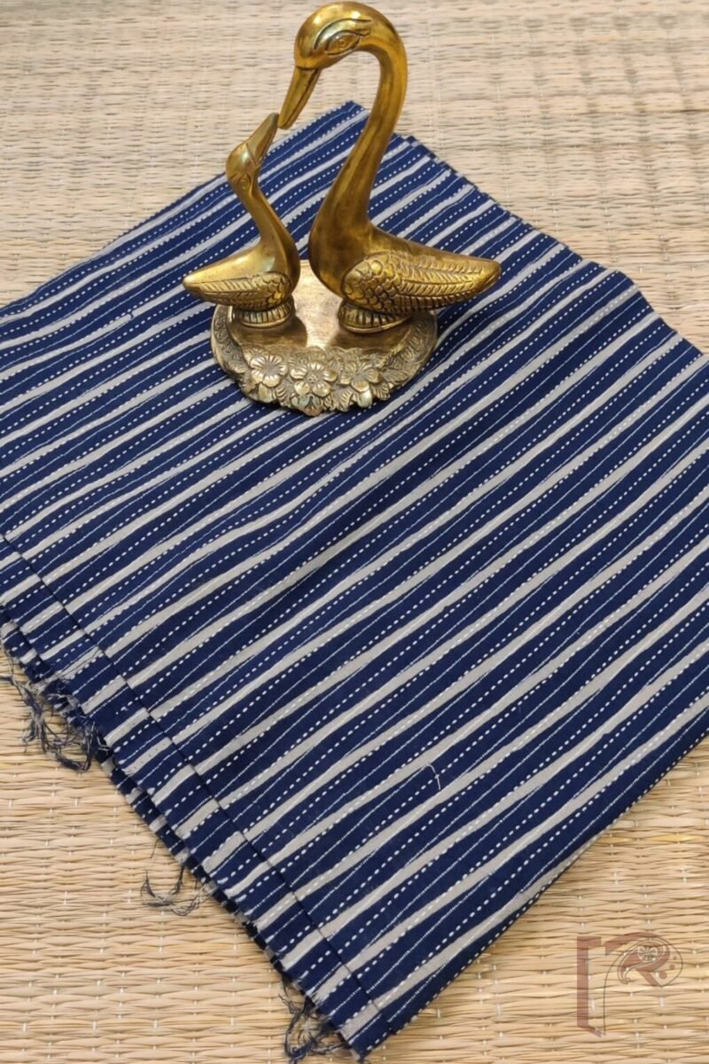 Navy Blue Cotton with Cream Stripes and Running Stitch Unstitched Blouse Piece