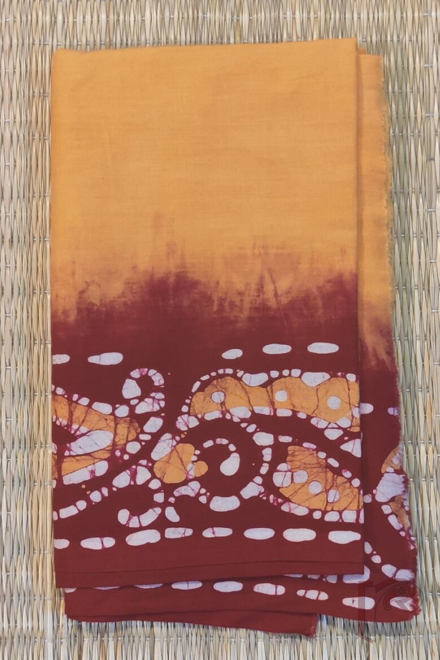 Dull Mustard Mul Cotton Blouse Piece with Red Batik Border and Traditional Motifs in White and Mustard - Image 2