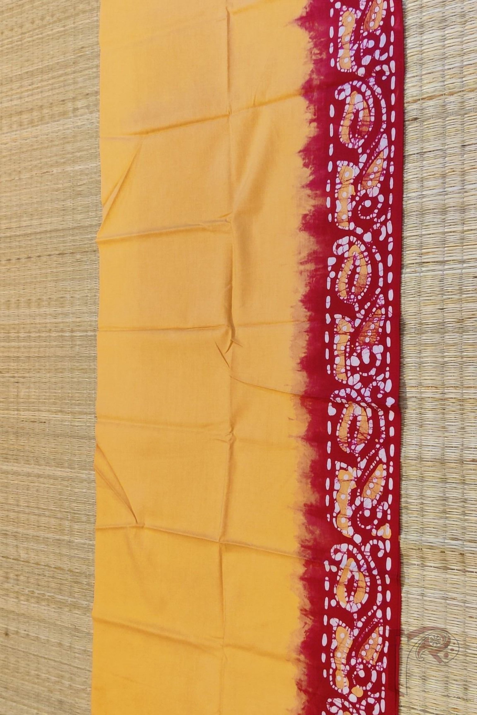 Dull Mustard Mul Cotton Blouse Piece with Red Batik Border and Traditional Motifs in White and Mustard - Image 3