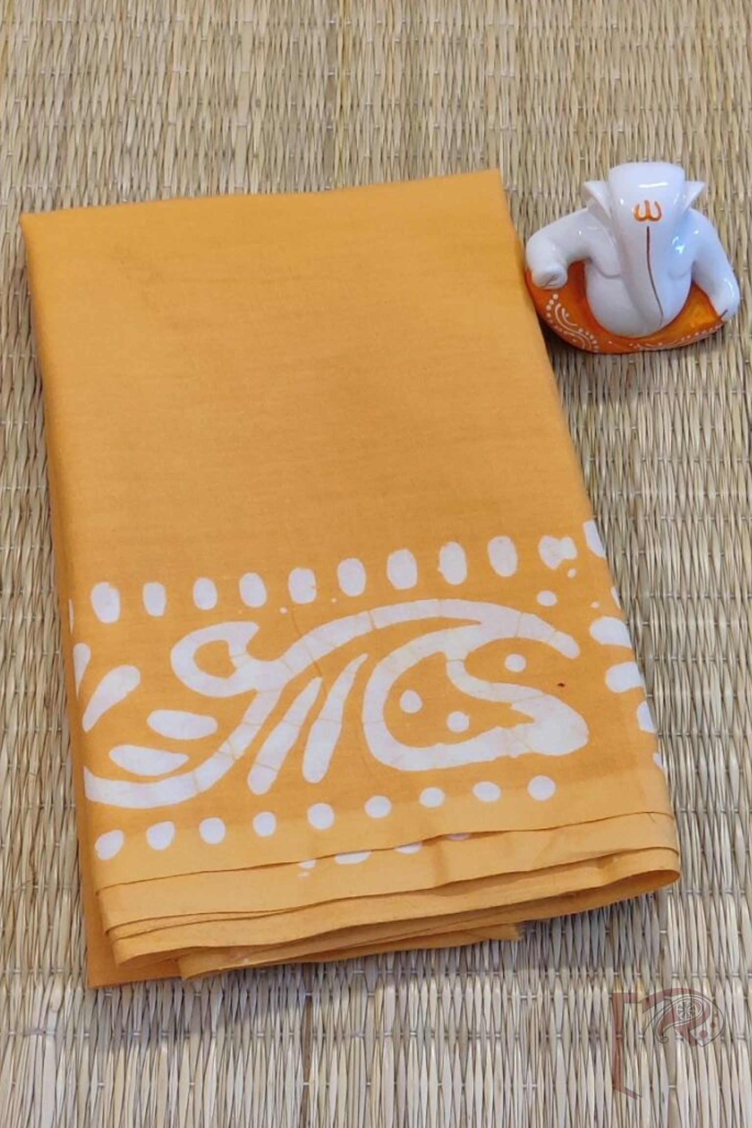 Mango Yellow Mul Cotton Blouse Piece with All-Over White Hand Batik Design - Image 2