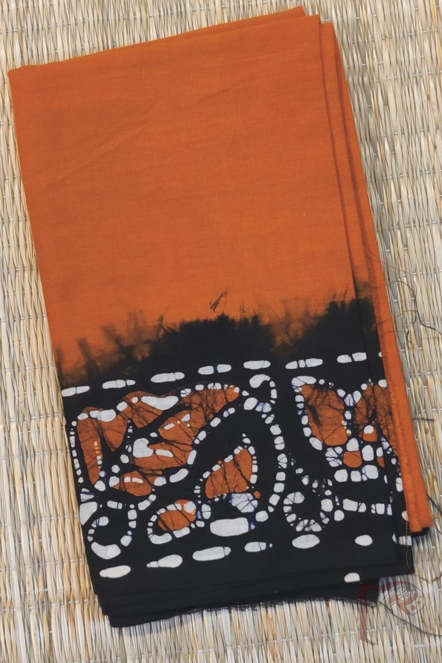 Orange Mul Cotton Blouse Piece with Traditional Black Base Batik and White Patterns - Image 2