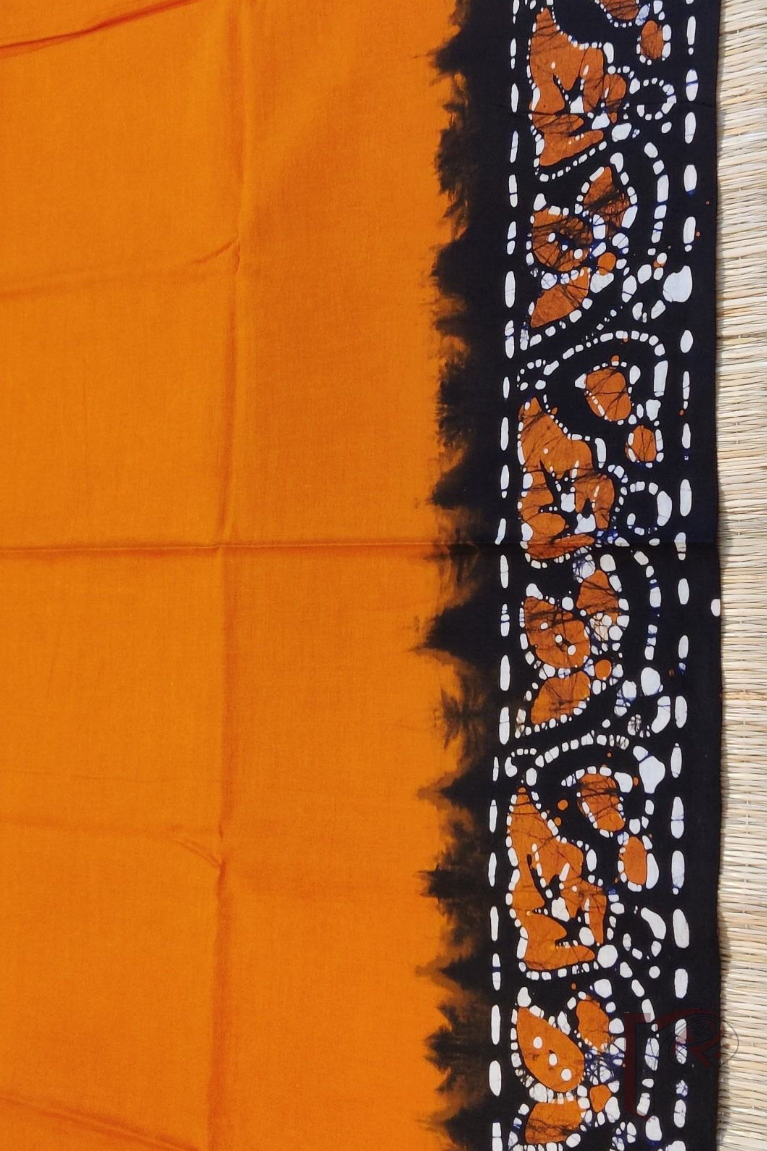 Orange Mul Cotton Blouse Piece with Traditional Black Base Batik and White Patterns - Image 3