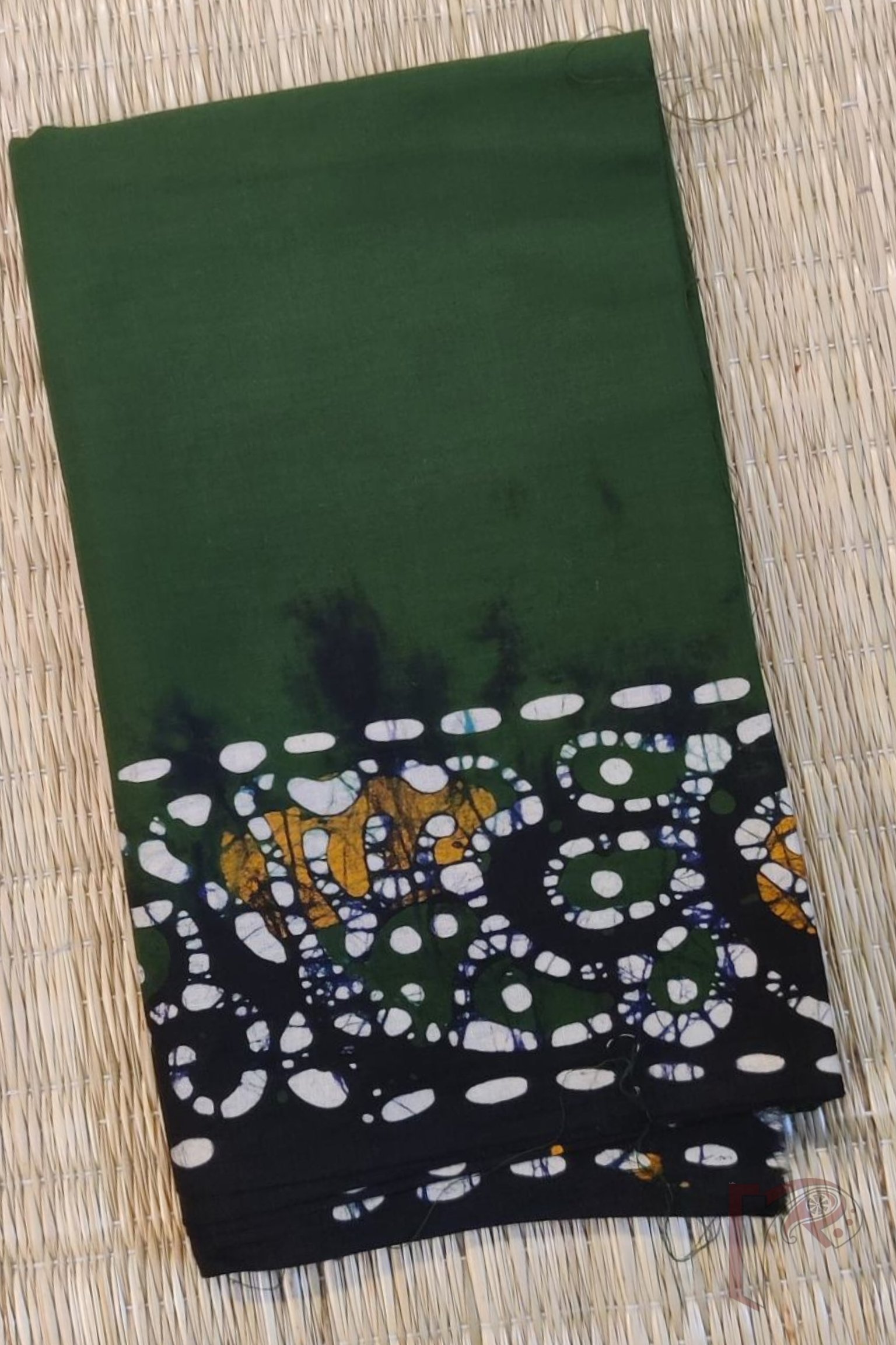 Green Mul Cotton Blouse Piece with Black Border and Yellow-White Traditional Batik Design - Image 2