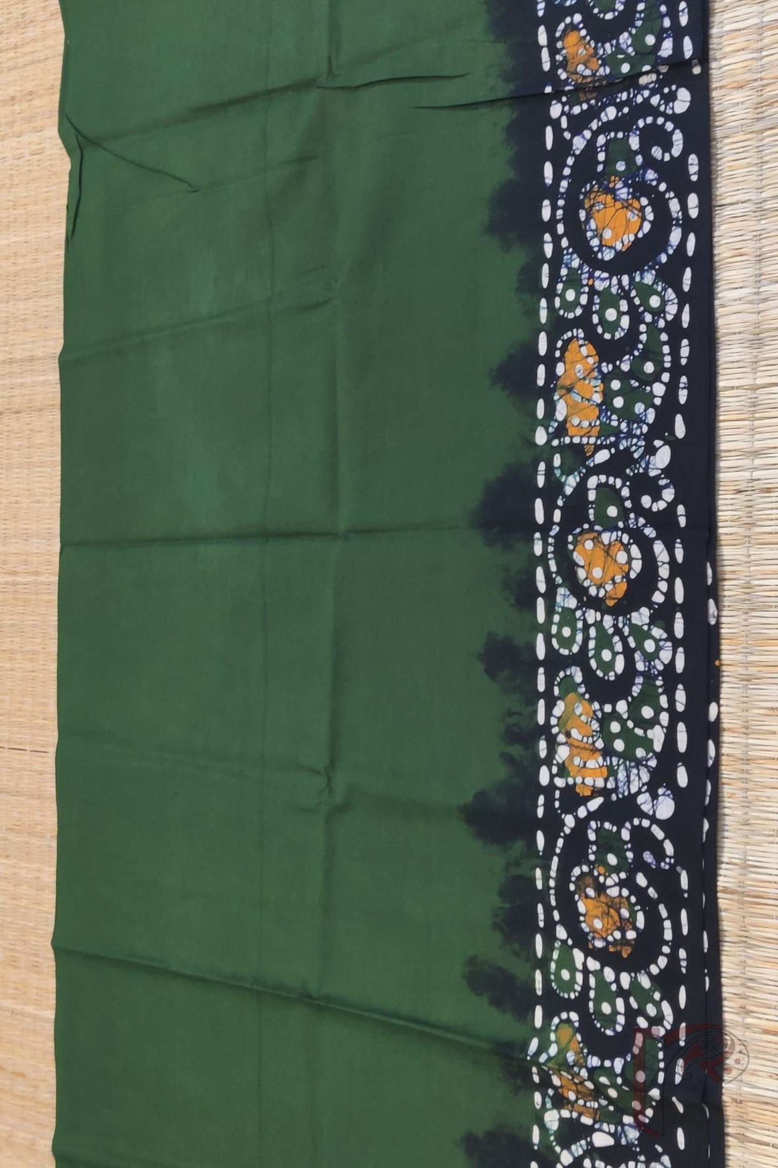 Green Mul Cotton Blouse Piece with Black Border and Yellow-White Traditional Batik Design - Image 3