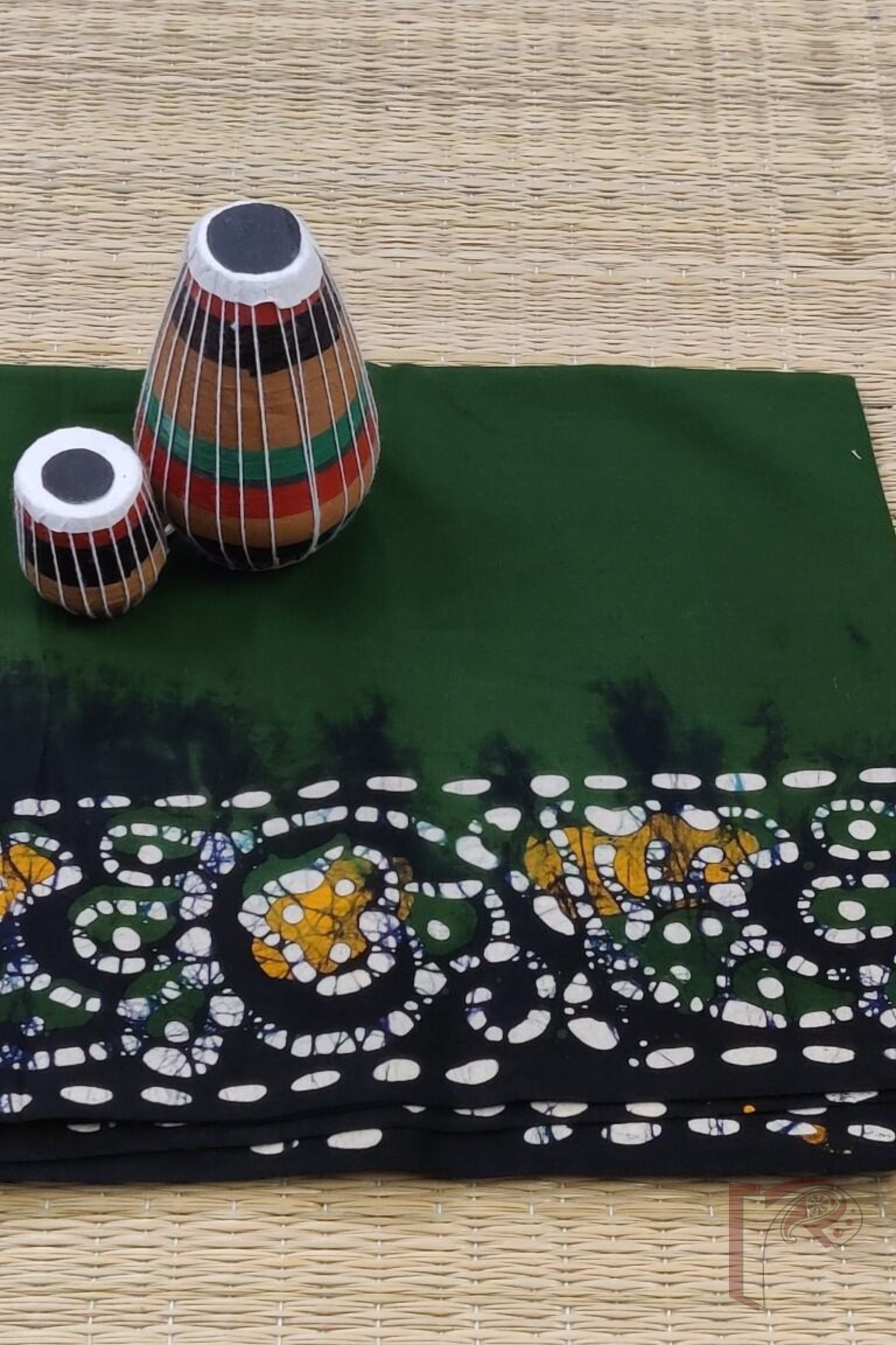 Green Mul Cotton Blouse Piece with Black Border and Yellow-White Traditional Batik Design