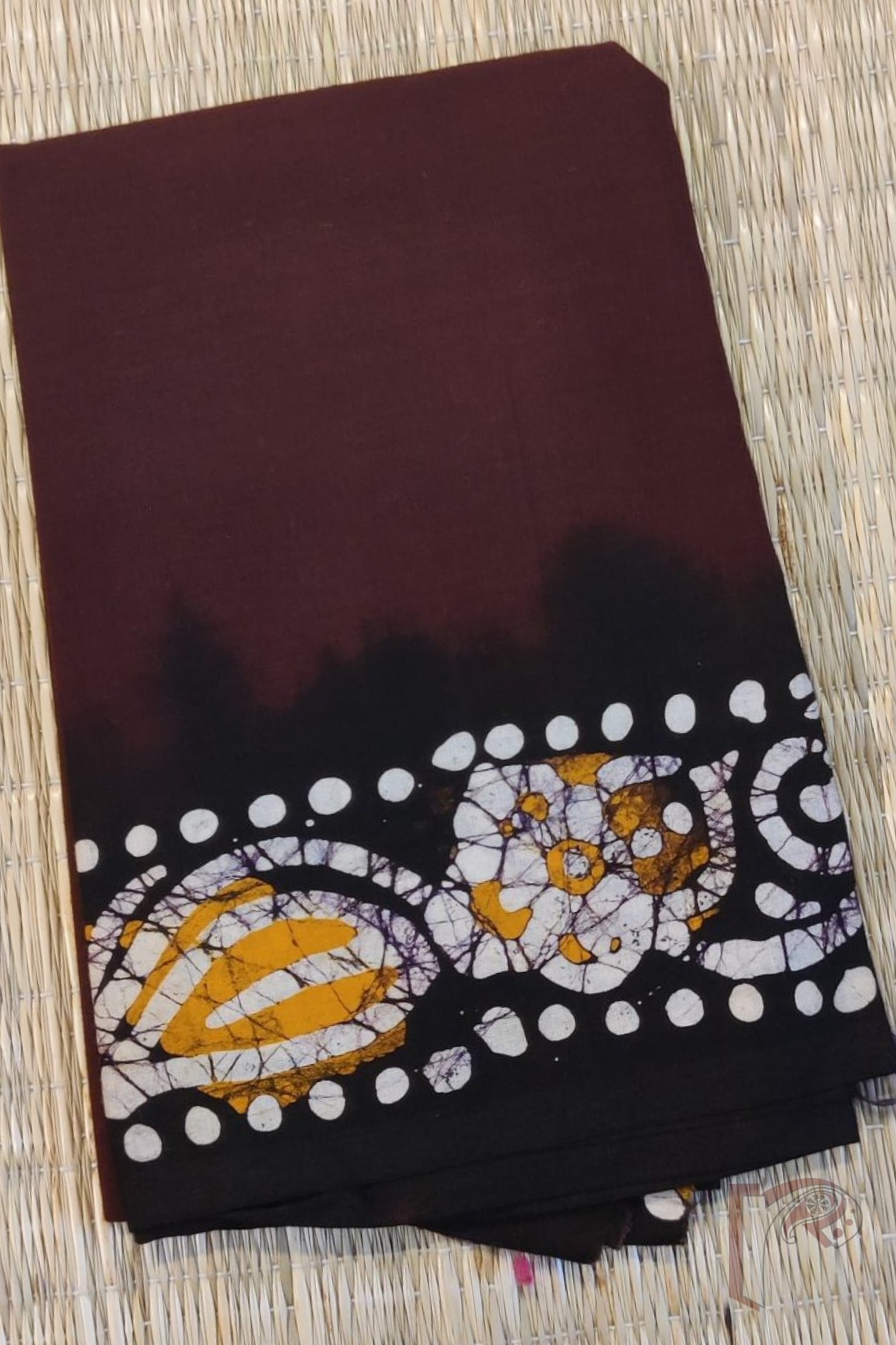 Dark Maroon Mul Cotton Blouse Piece with Black Border and White-Yellow Batik Work - Image 2