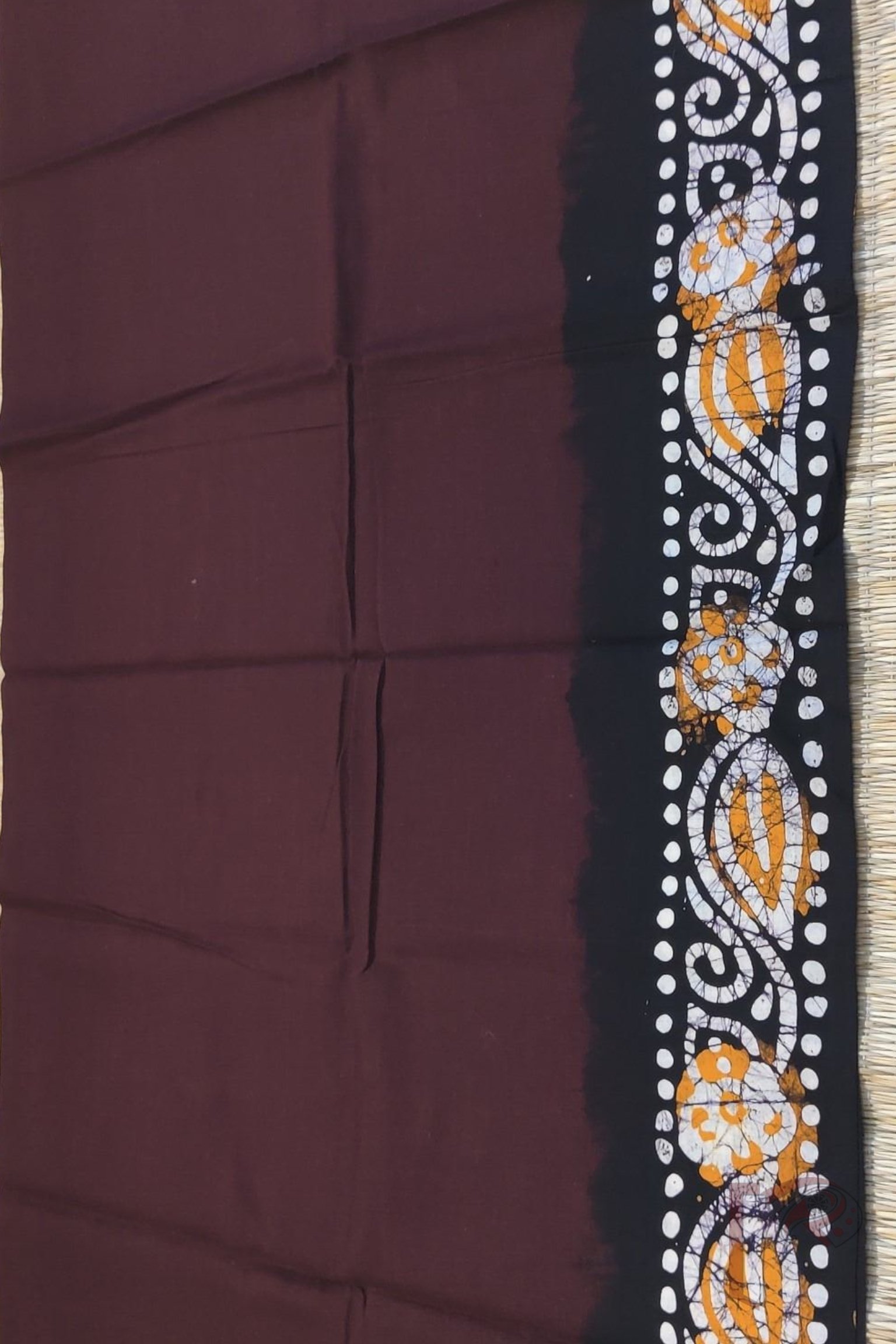 Dark Maroon Mul Cotton Blouse Piece with Black Border and White-Yellow Batik Work - Image 3