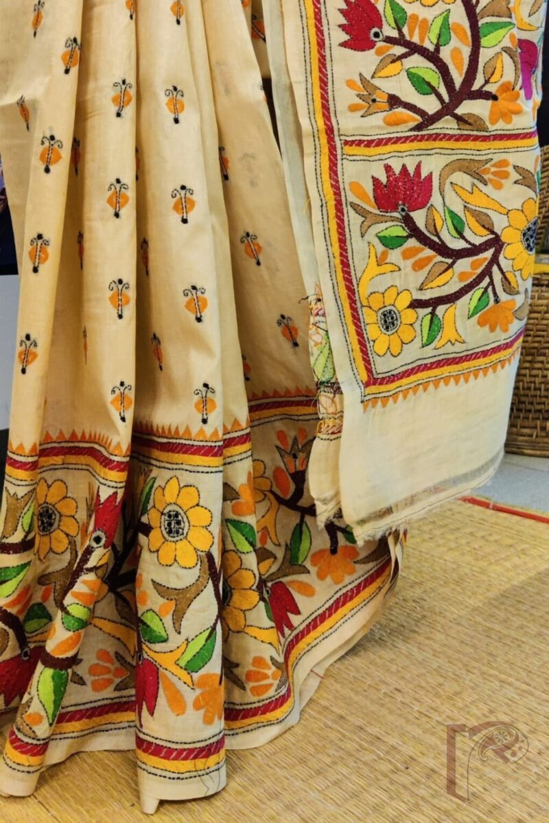 Kantha Keepsakes - Cream and Multicolour Floral Border Hand Embroidered Tussar Silk Saree - Image 2