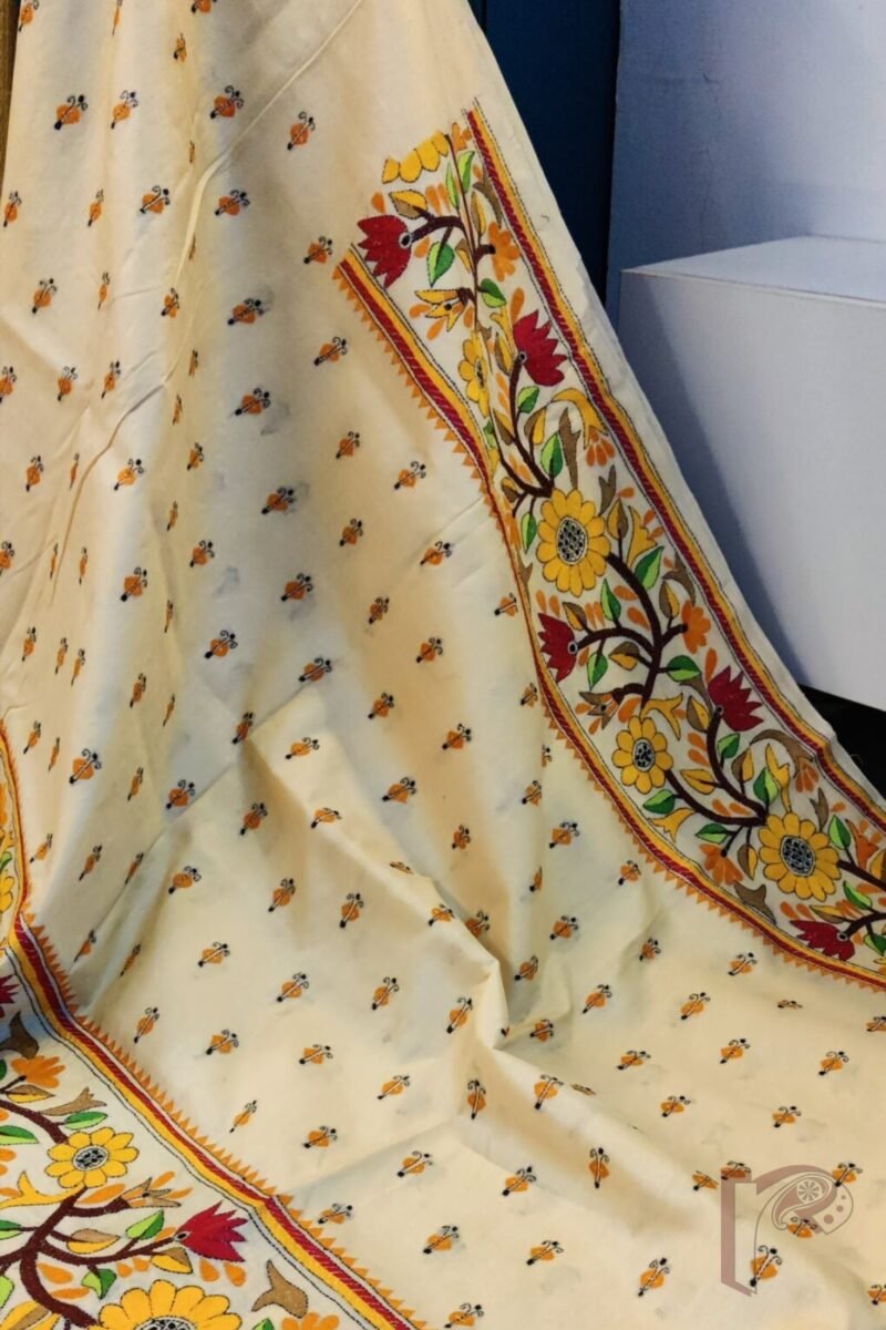 Kantha Keepsakes - Cream and Multicolour Floral Border Hand Embroidered Tussar Silk Saree - Image 3