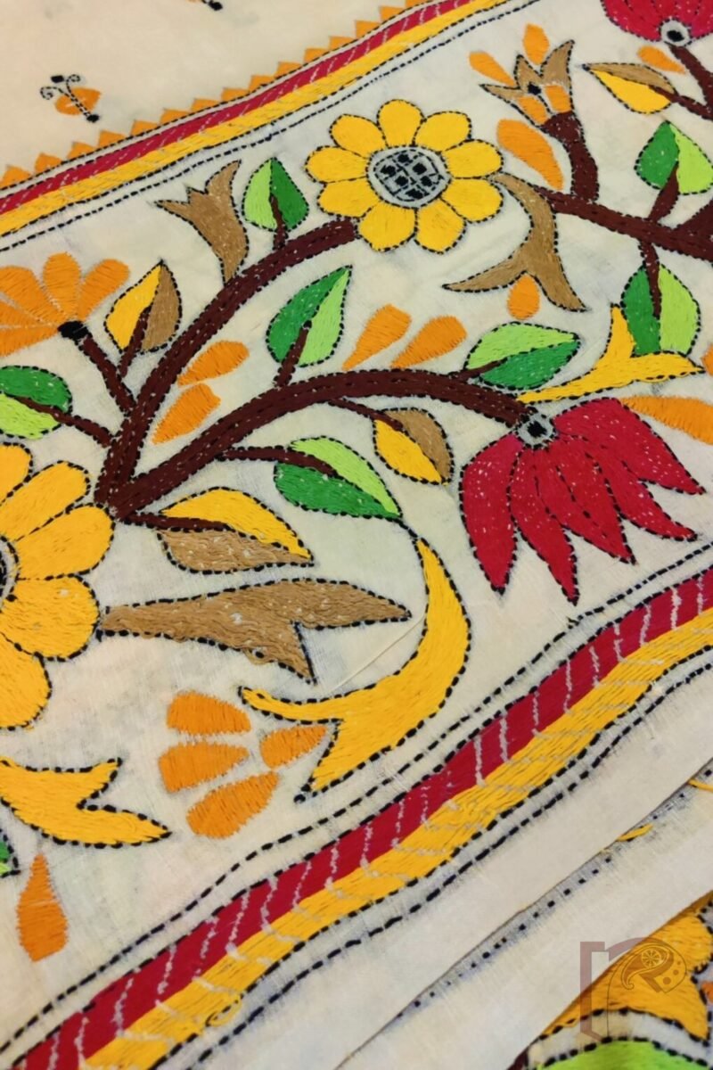 Kantha Keepsakes - Cream and Multicolour Floral Border Hand Embroidered Tussar Silk Saree - Image 4