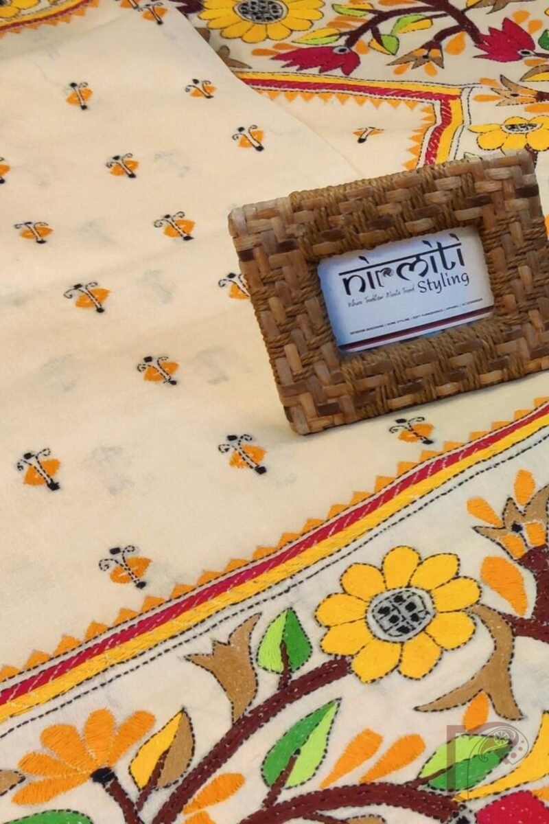 Kantha Keepsakes - Cream and Multicolour Floral Border Hand Embroidered Tussar Silk Saree - Image 5