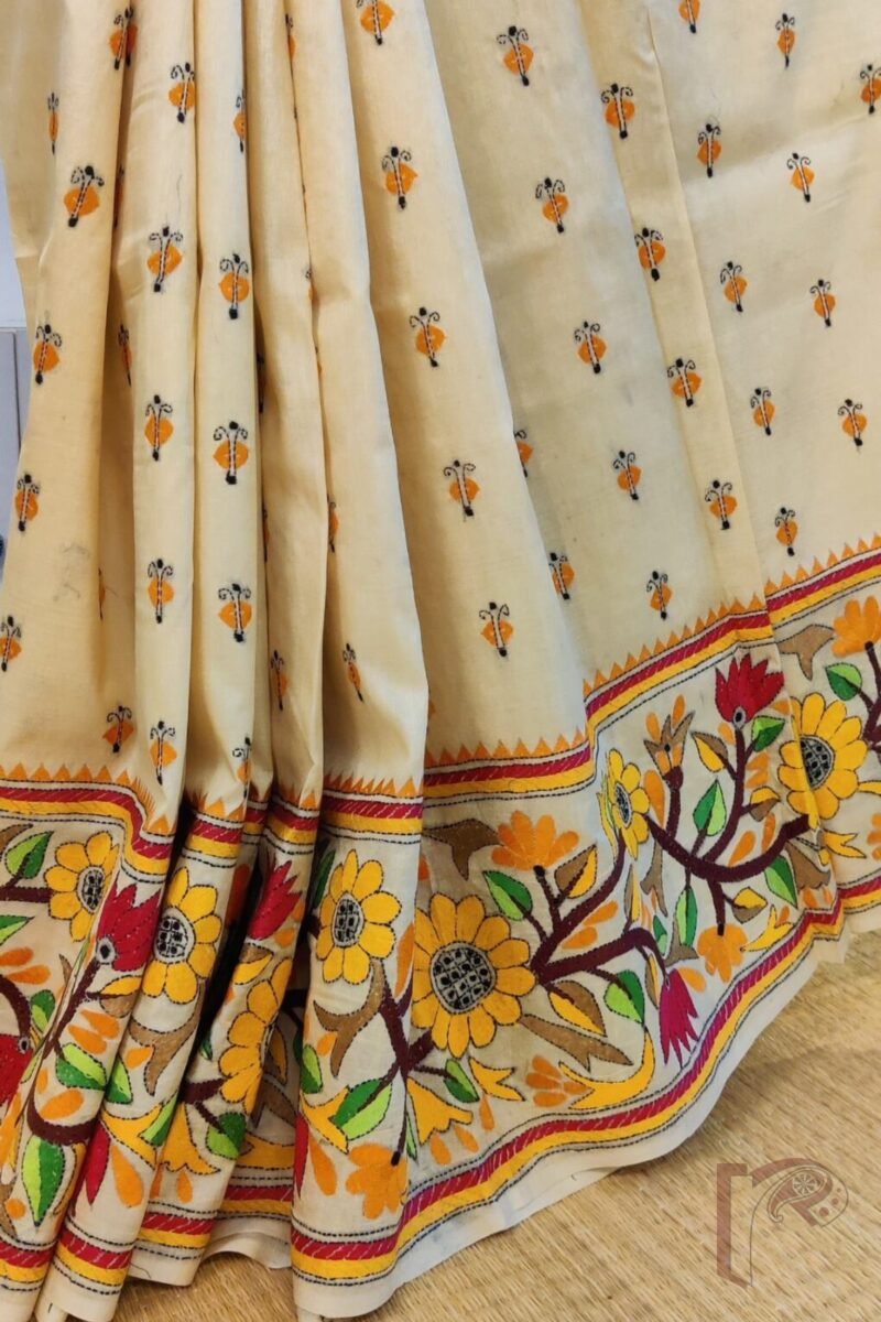 Kantha Keepsakes - Cream and Multicolour Floral Border Hand Embroidered Tussar Silk Saree - Image 6
