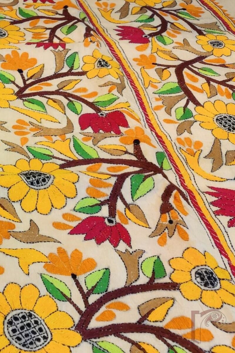 Kantha Keepsakes - Cream and Multicolour Floral Border Hand Embroidered Tussar Silk Saree - Image 7