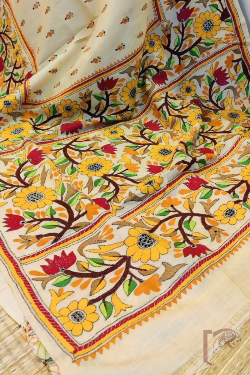 Kantha Keepsakes - Cream and Multicolour Floral Border Hand Embroidered Tussar Silk Saree - Image 8