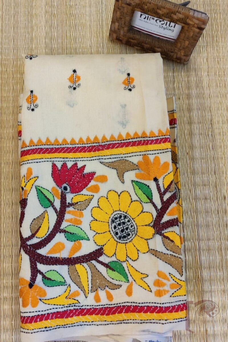 Kantha Keepsakes - Cream and Multicolour Floral Border Hand Embroidered Tussar Silk Saree